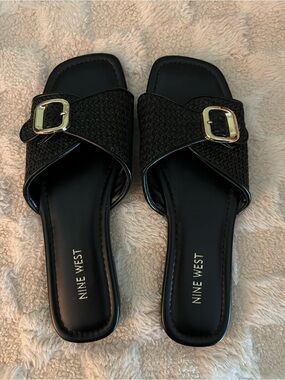 Nine West Black Slide Sandals with Gold Buckles